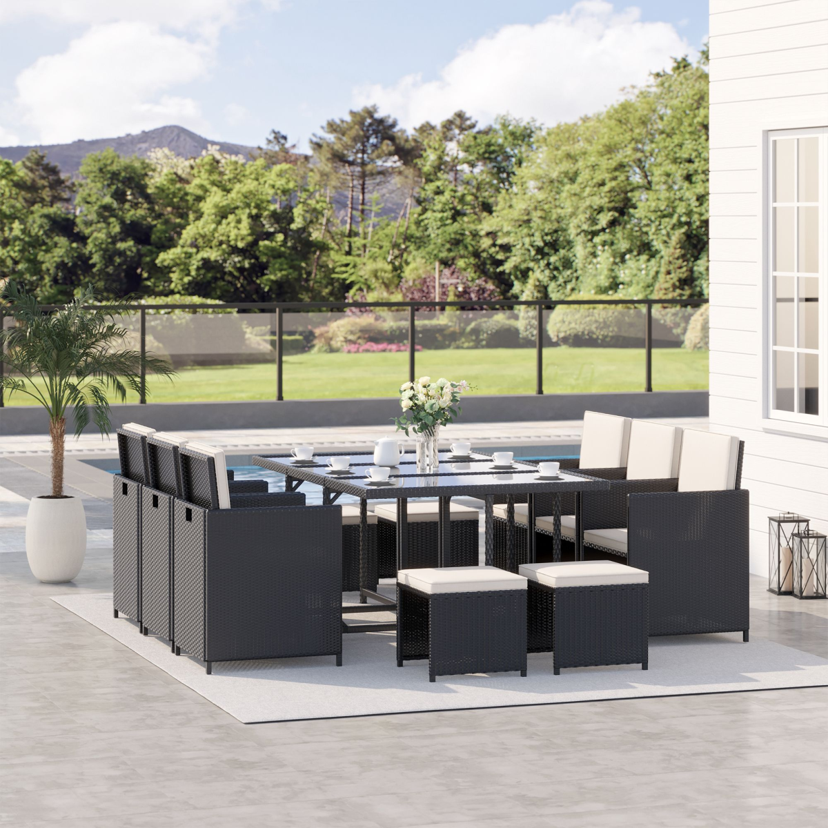 Outsunny 11-Piece Black Rattan Dining Set with Glass Table