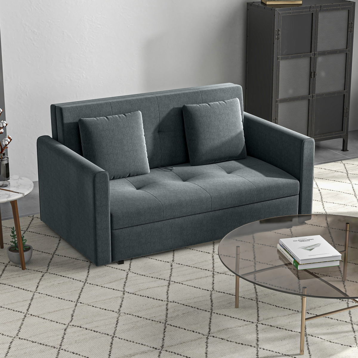 HOMCOM 2 Seater Convertible Sofa Bed with Storage & 2 Cushions, Dark Grey