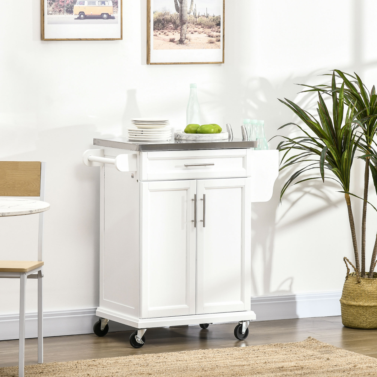 HOMCOM Rolling Kitchen Island Cart with Drawer, Storage Cabinet, Towel Rail, Knife Rack, Spice Rack, Stainless Steel Worktop, White