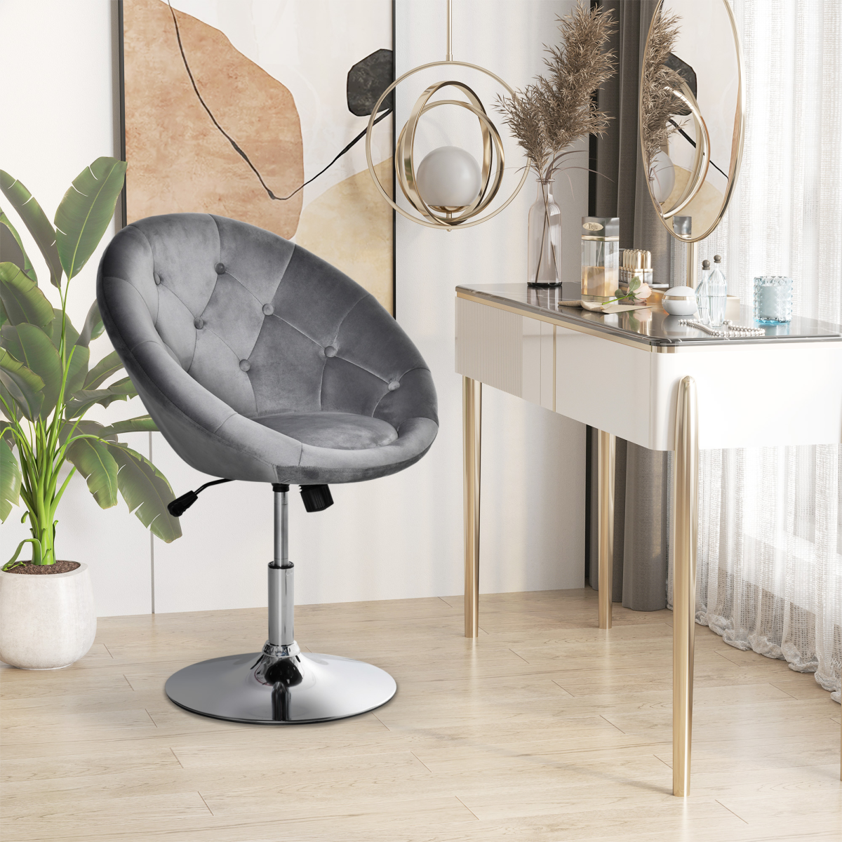 Adjustable Swivel Dining Height Bar Stool with Tufted Back, Grey