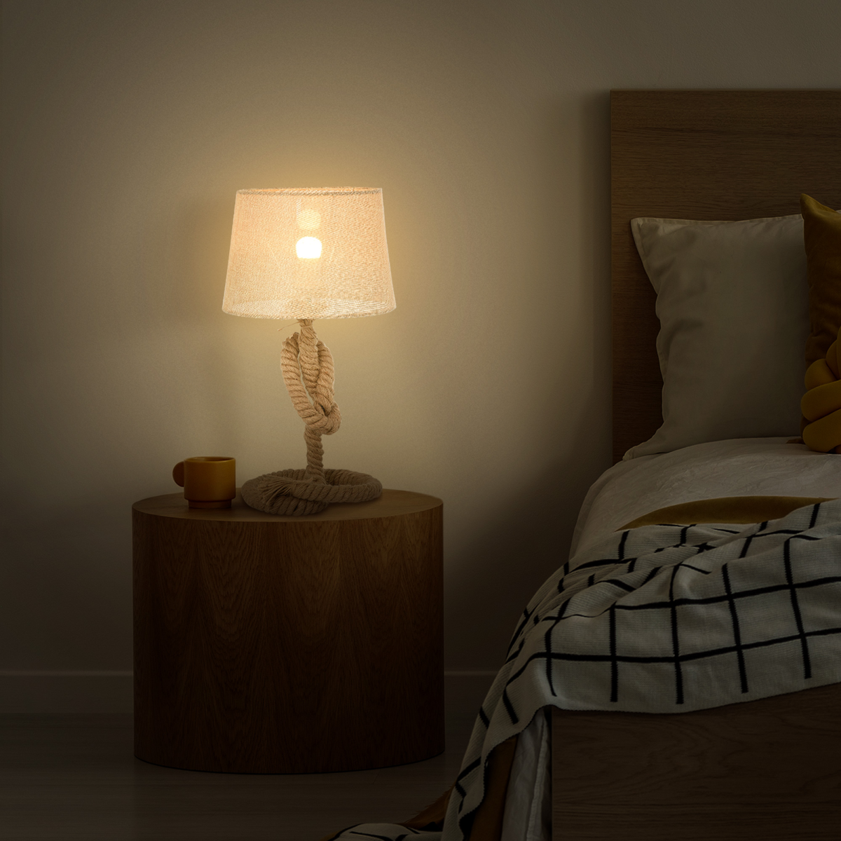 Beige Hemp Rope Table Lamp with Linen Shade, Nautical-Inspired, British Standard Plug, E27 Bulb Required, HOMCOM