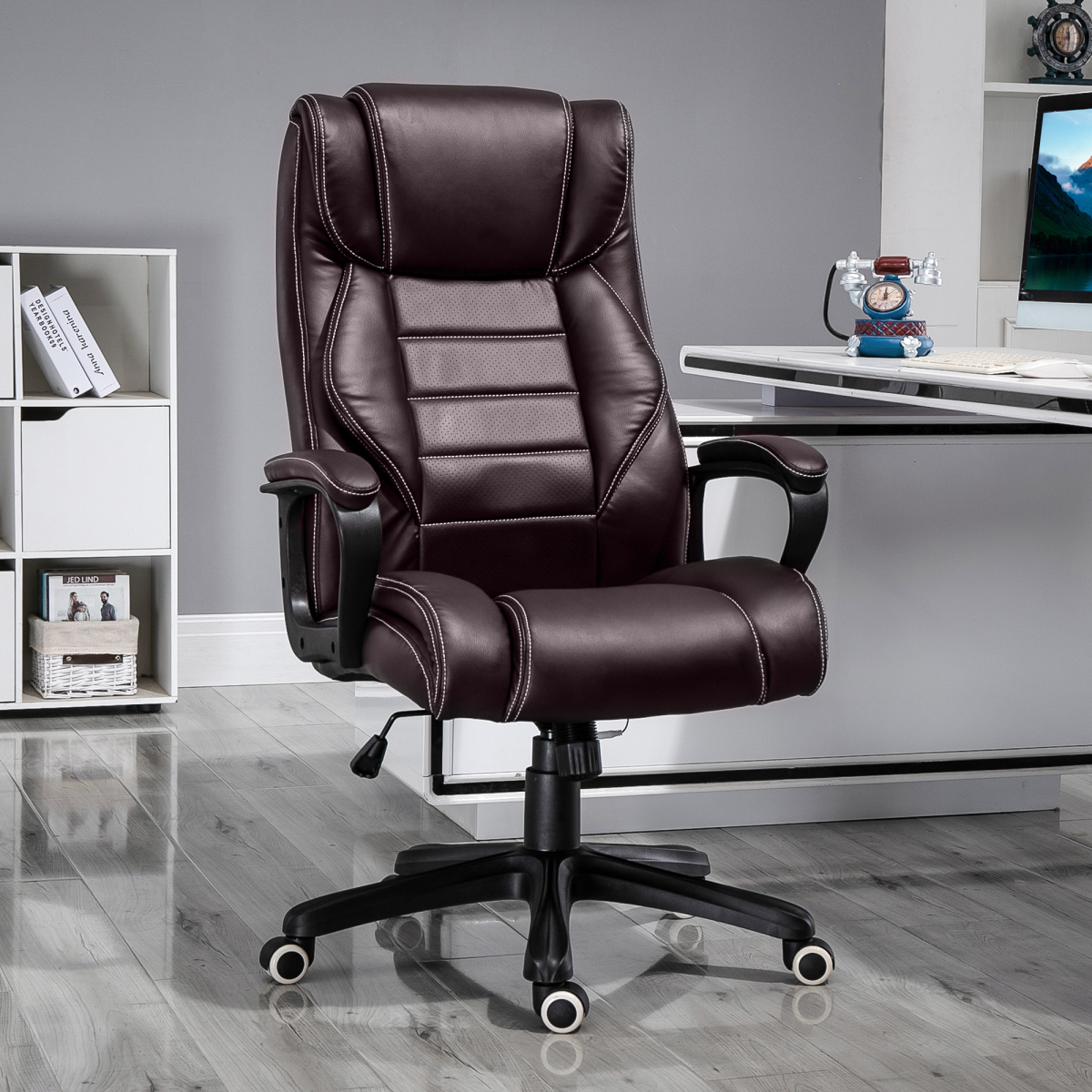 High Back PU Leather 6-Point Vibration Massage Executive Office Chair, Brown