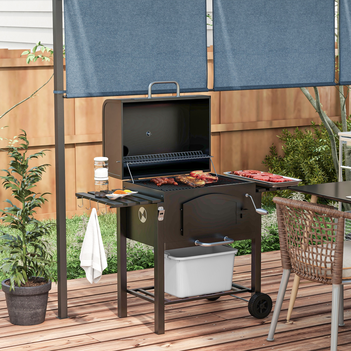 Outsunny 3-in-1 Charcoal Grill Smoker Trolley with Thermometer