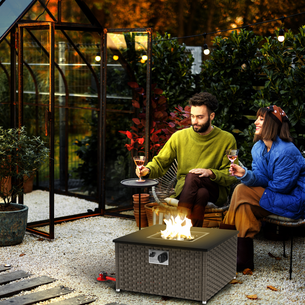 Outsunny 13KW Grey Rattan Gas Fire Pit Table with Lid