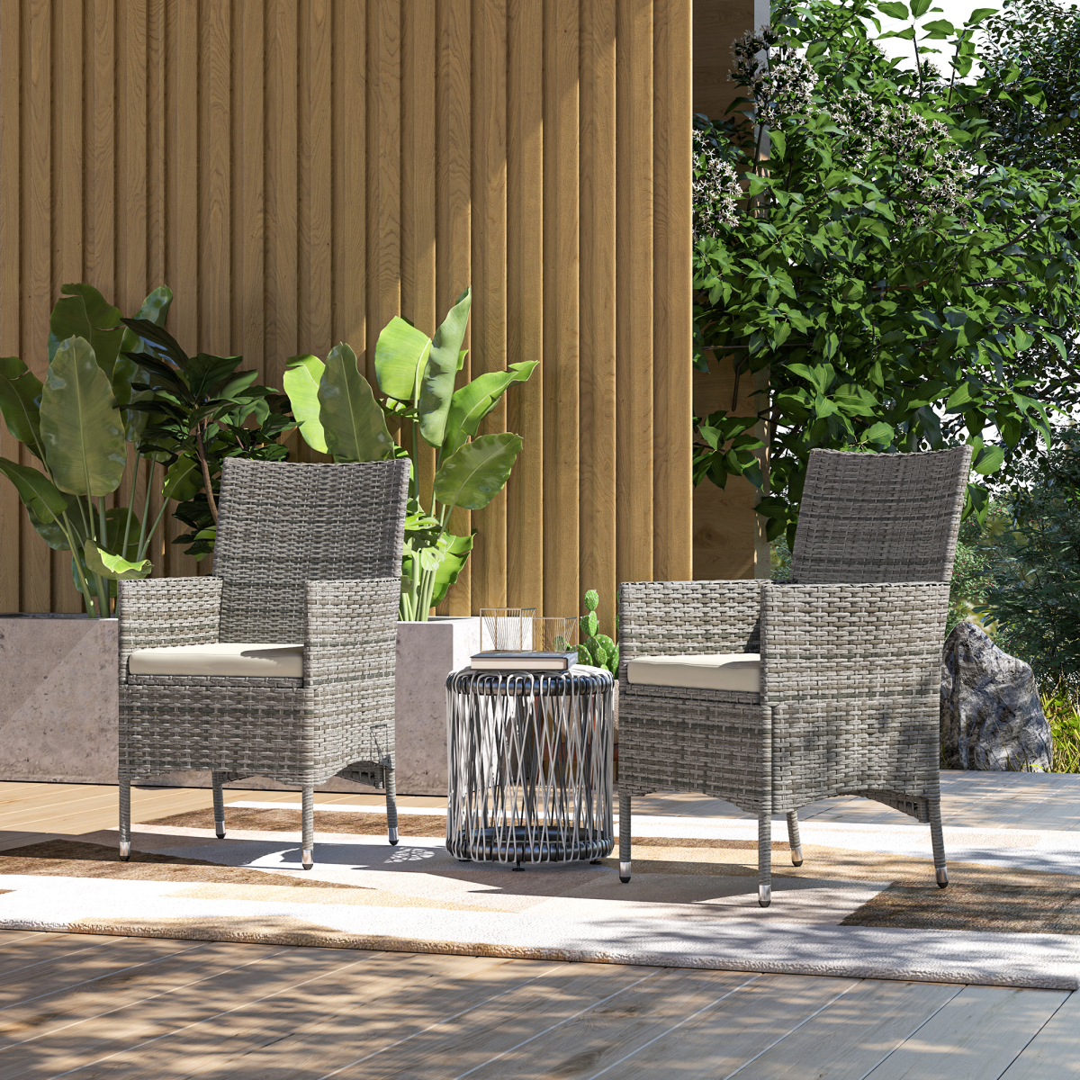 Outsunny 2-Piece Outdoor Rattan Armchair Set with Cushions, Garden Dining Chairs, Mixed Grey