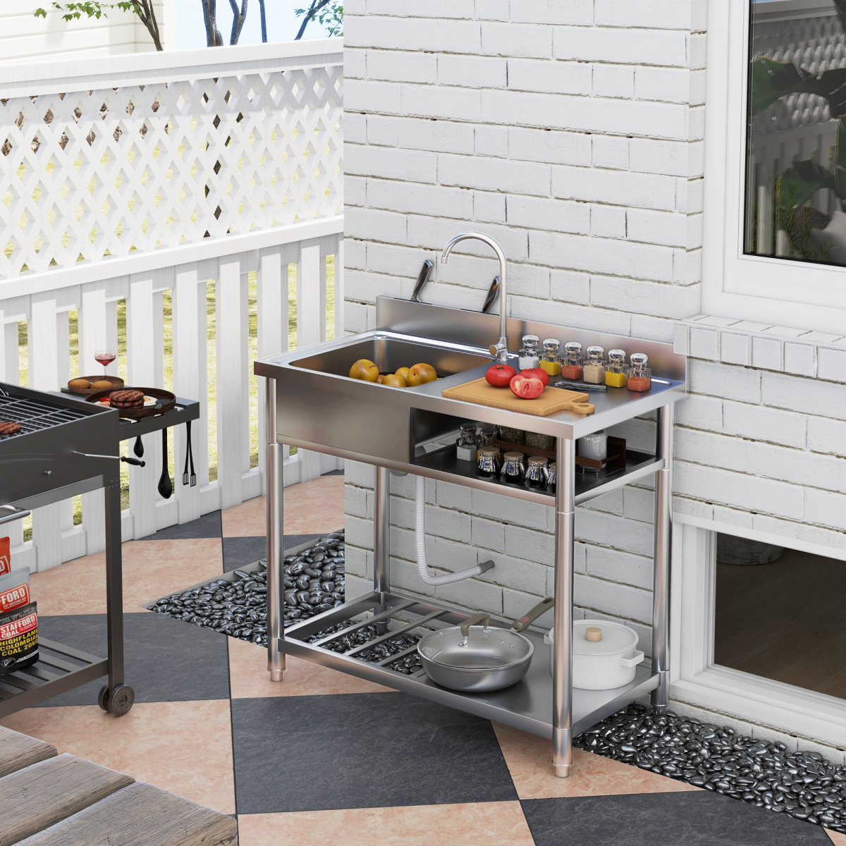HOMCOM Stainless Steel Outdoor Kitchen Sink Unit with Hot and Cold Water Connection, Storage Shelves and Backsplash