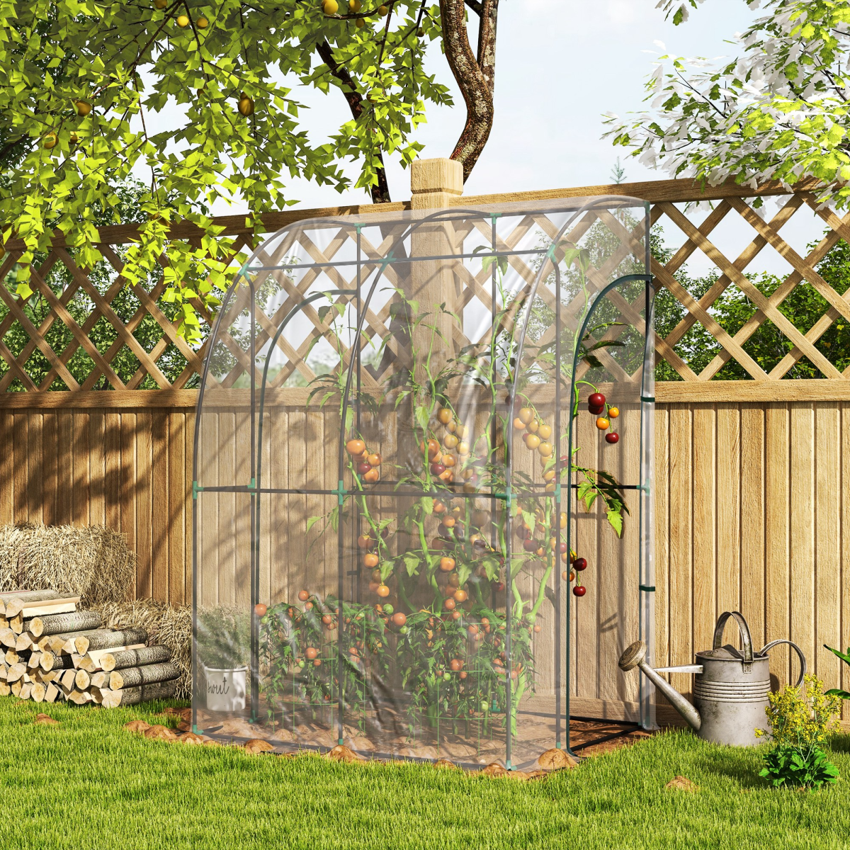 PawHut Lean-To Walk-In Plastic Greenhouse with Zipped Doors