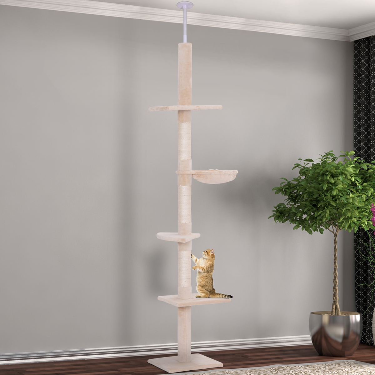 Pawhut 5-Tier Floor to Ceiling Cat Tree with Scratching Post, Adjustable 230-260cm Kitty Tower Activity Center