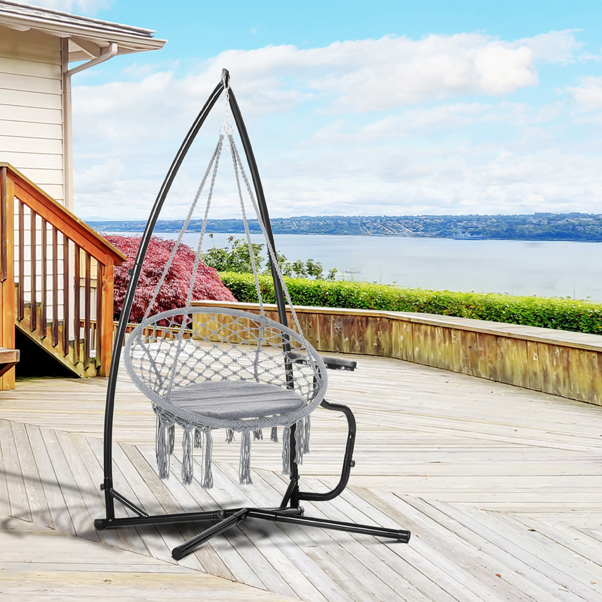 Outsunny Hammock Chair Stand with Side Table, Heavy Duty Metal C-Stand for Indoor or Outdoor Use