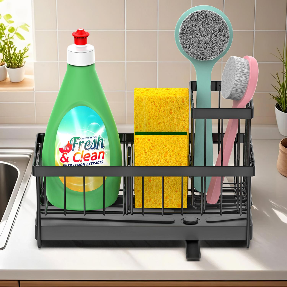 Vinsani Black Sink Sponge Holder with Removable Dividers and Compartments