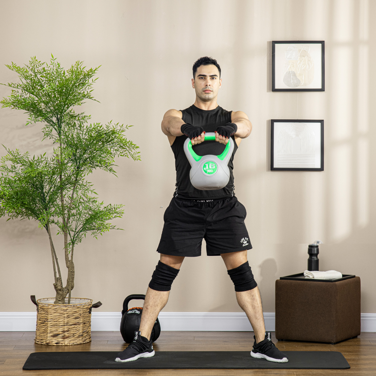 SPORTNOW 16kg Kettlebell with Wide Handle, Green and Grey