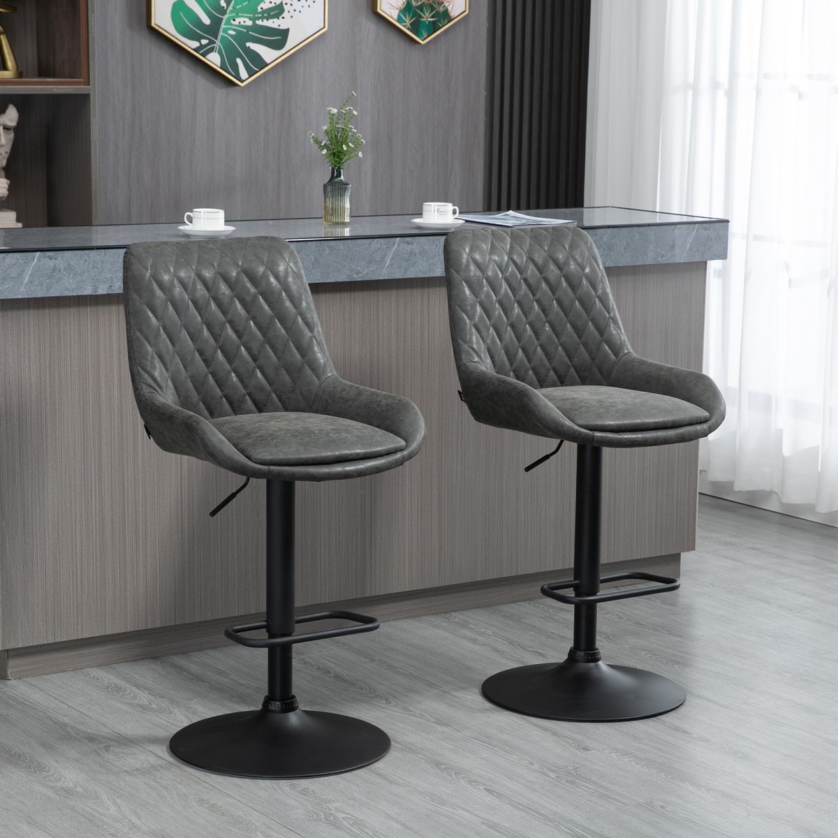HOMCOM Set of 2 Adjustable 360° Swivel Bar Stools, Grey