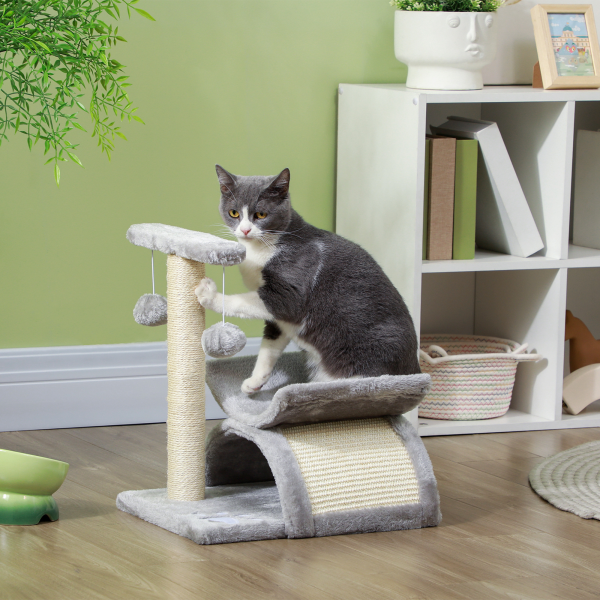 PawHut Small Cat Play Tower Plush Scratcher with Tunnel, Scratching Bridge and Dangling Balls