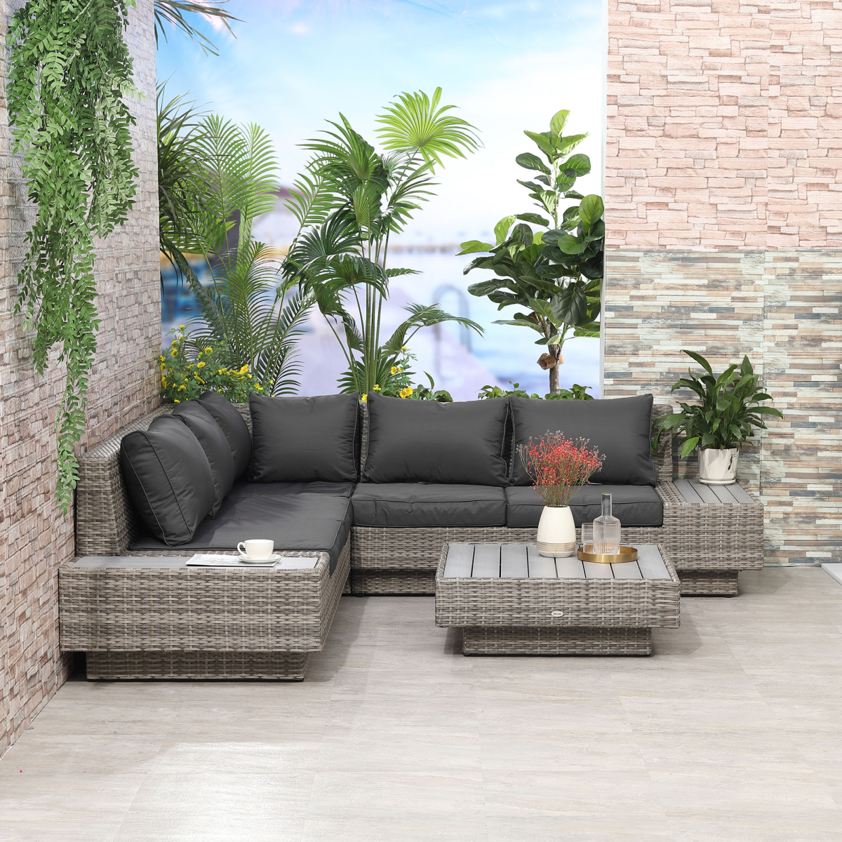 Outsunny 4-Piece 5-Seater Rattan Sectional Corner Sofa Table Set with Cushions - Light Grey