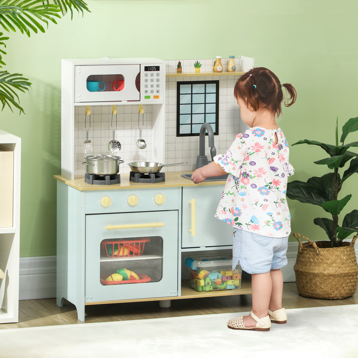 AIYAPLAY Play Kitchen with Stove, Microwave, Oven, Light & Sound