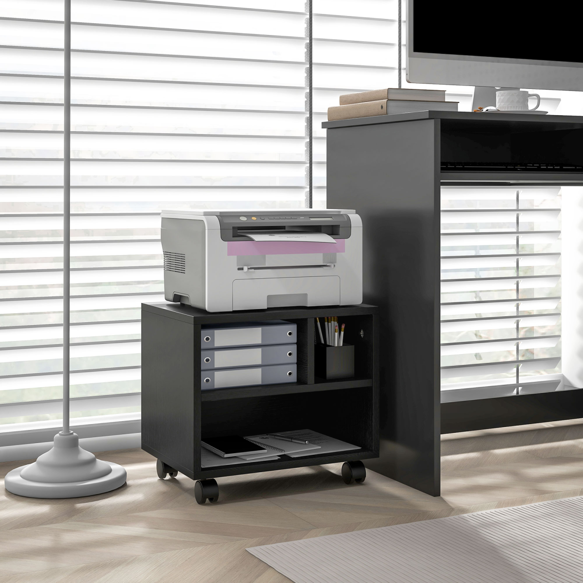 HOMCOM 3-Compartment Printer Stand on Wheels with Brakes, Black