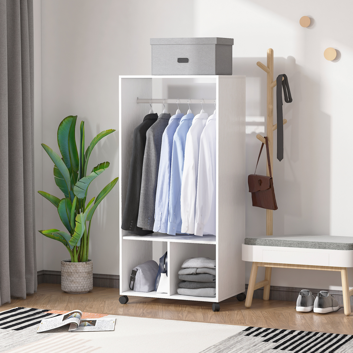 Open Wardrobe Clothes Rail with Shelves & Wheels, White
