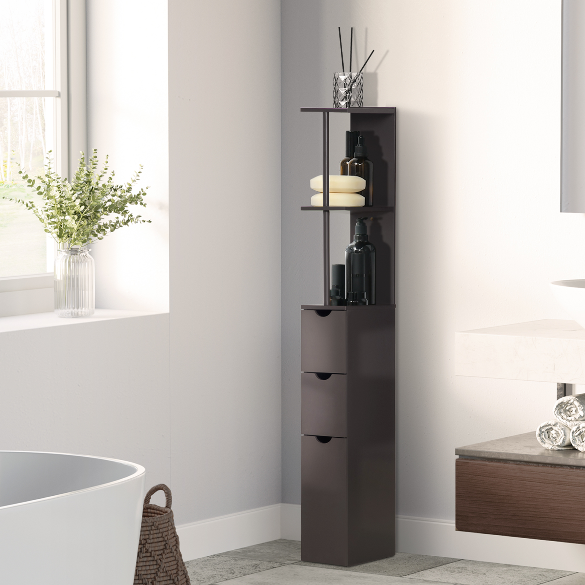 HOMCOM Tall Bathroom Storage Cabinet with Shelves and Drawers, Brown