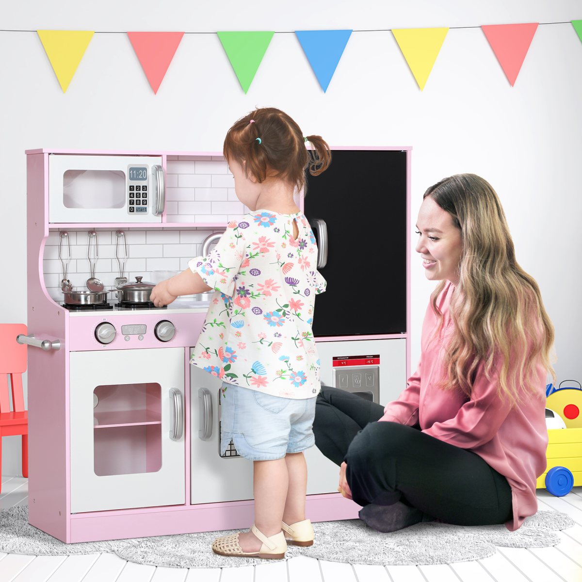 AIYAPLAY Kids Play Kitchen Set with Phone, Chalkboard, Sink & Ice Maker