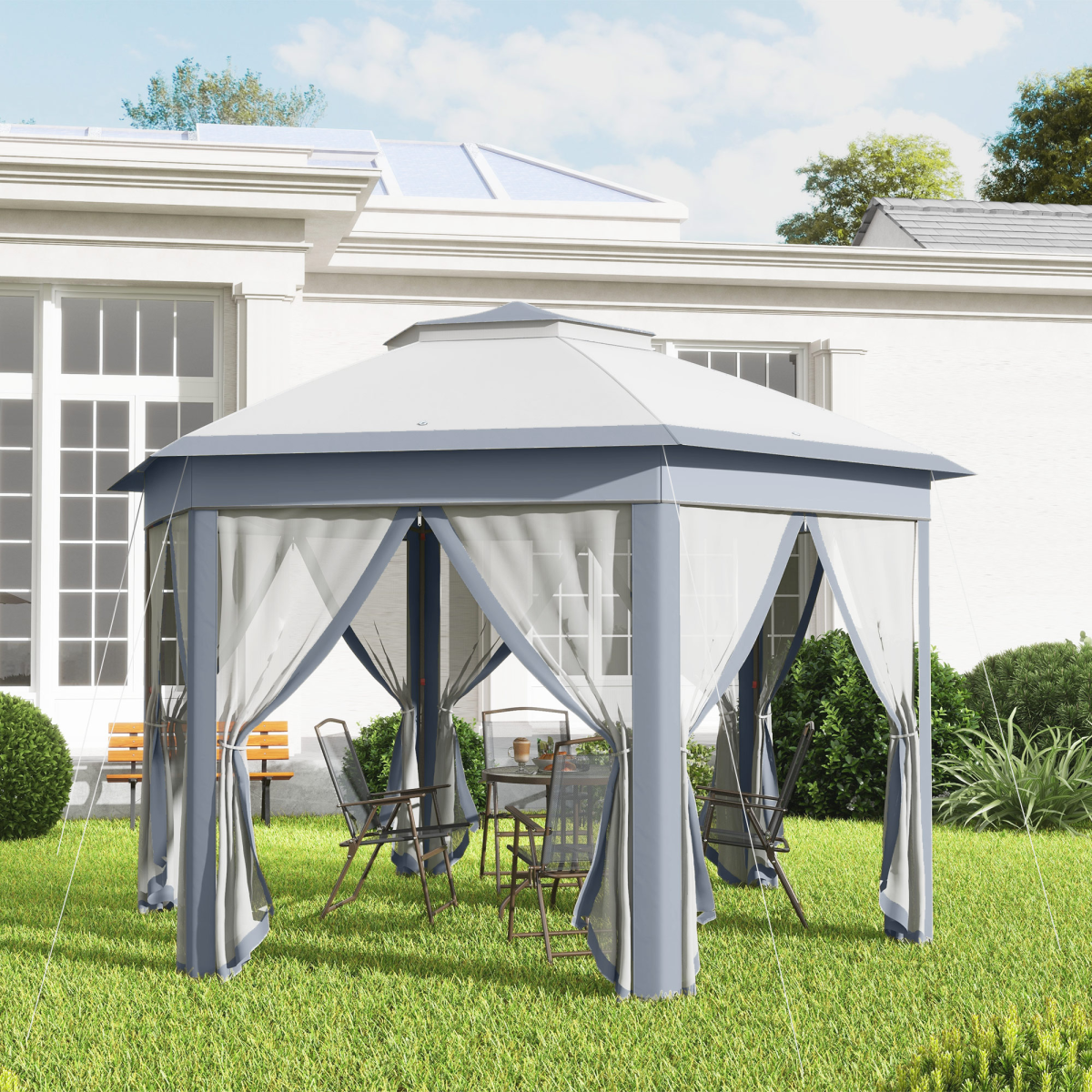 Outsunny Hexagon Pop Up Gazebo with Double Roof and Mesh Curtains, 4m x 4m, Grey