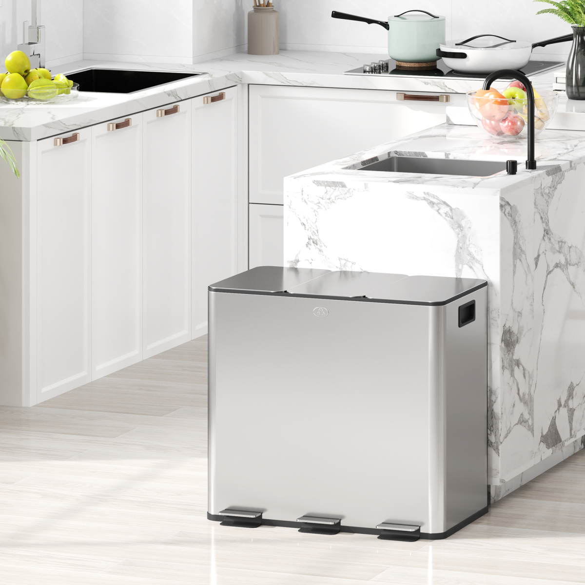 HOMCOM 45L Triple Kitchen Pedal Bin for Recycling and Waste, Silver