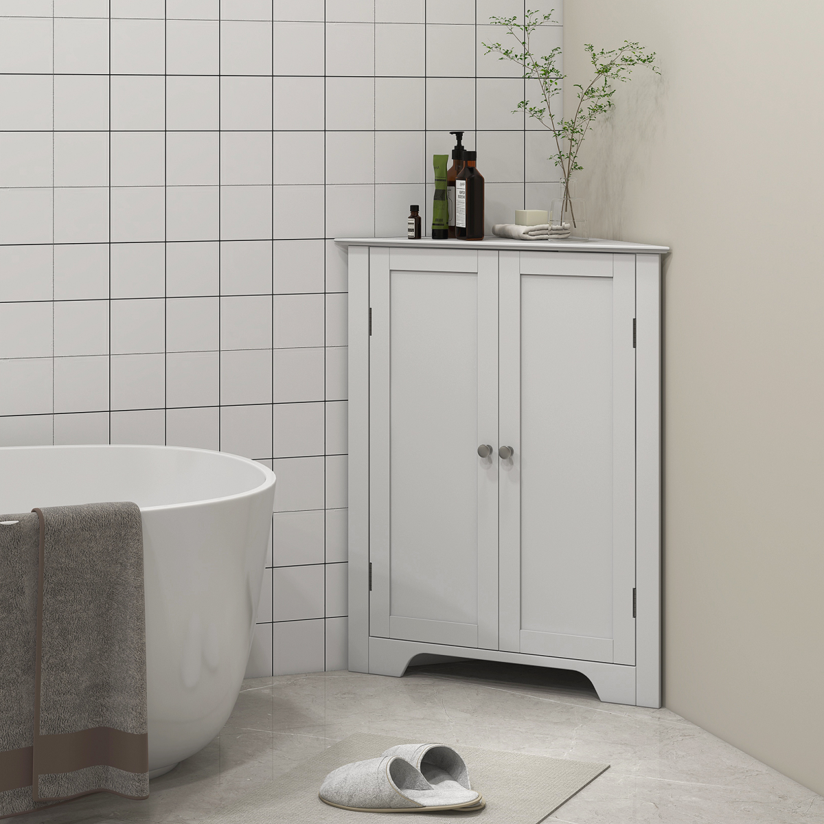 Corner Bathroom Cabinet with Adjustable Shelf and Recessed Doors, White