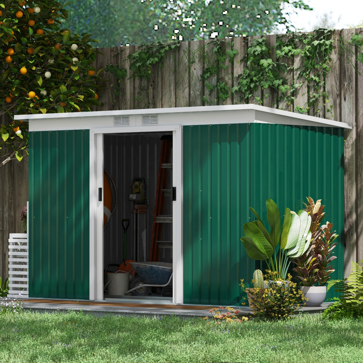 Outsunny Metal Garden Storage Shed with Double Doors & Windows