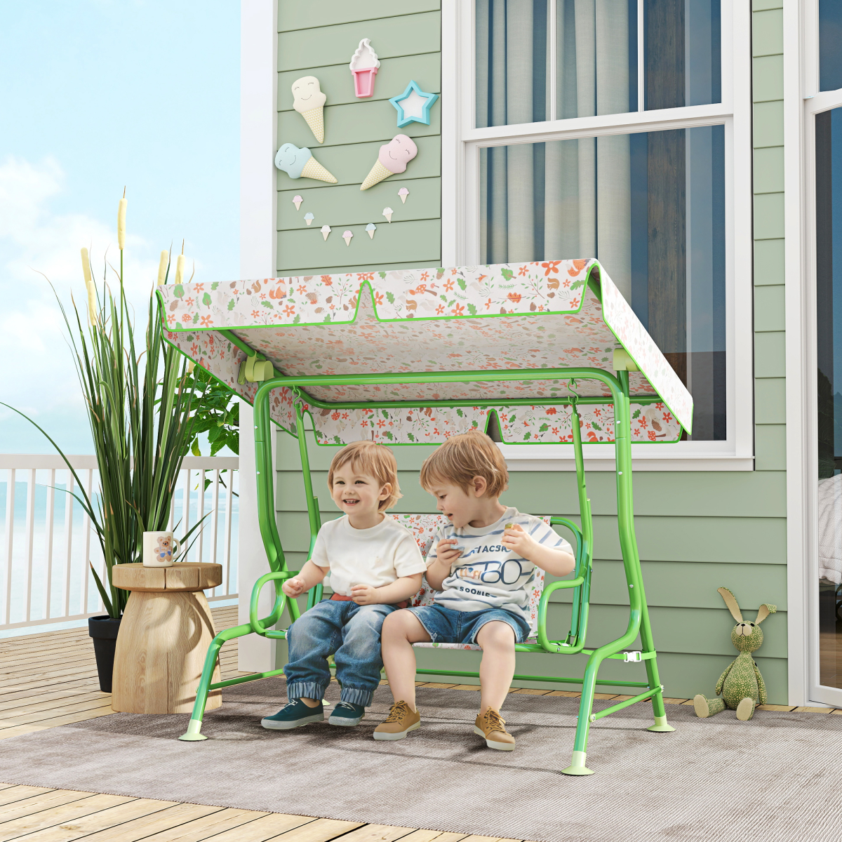 Kids Fox Pattern Swing Seat with Adjustable Canopy
