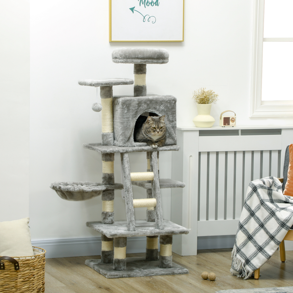 PawHut 132cm Cat Tree with House, Hammock & Scratch Posts Grey