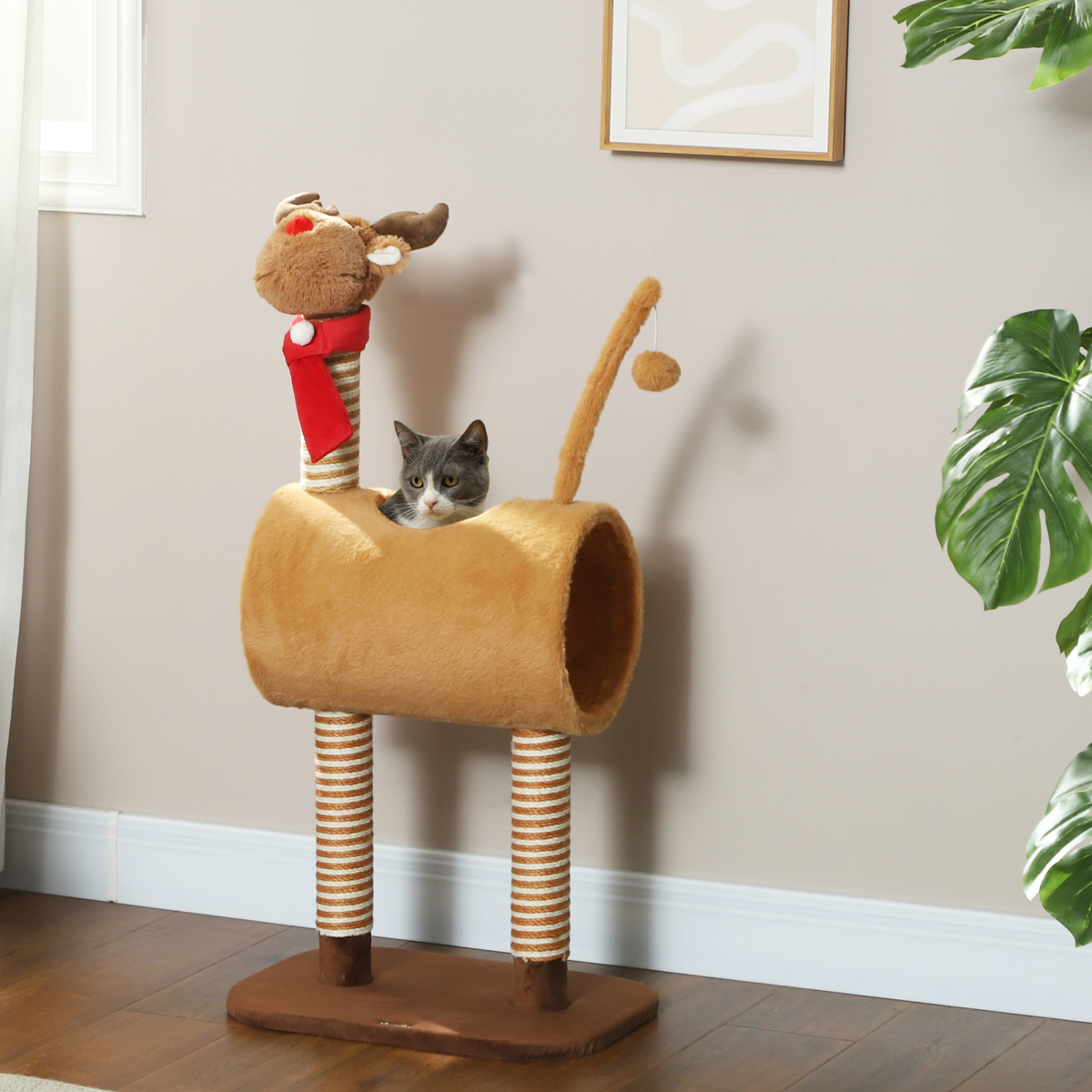 PawHut Deer-Themed Cat Tree with Tunnel and Toy Ball
