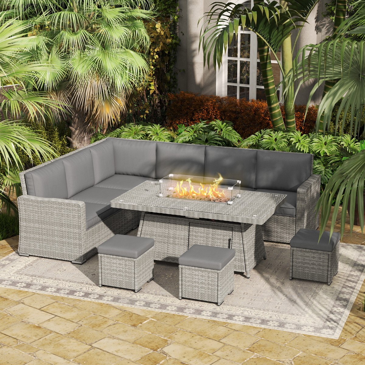 Outsunny Grey Fire Pit Table Set, 50,000 BTU Outdoor Heating