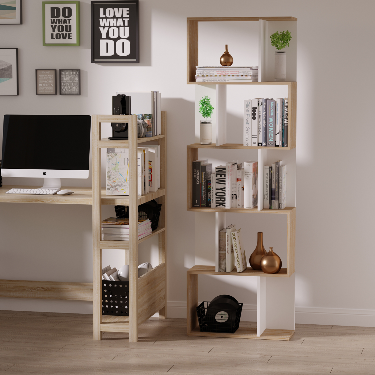 HOMCOM 5-Tier S-Shape Bookcase Display Shelving Unit, Natural