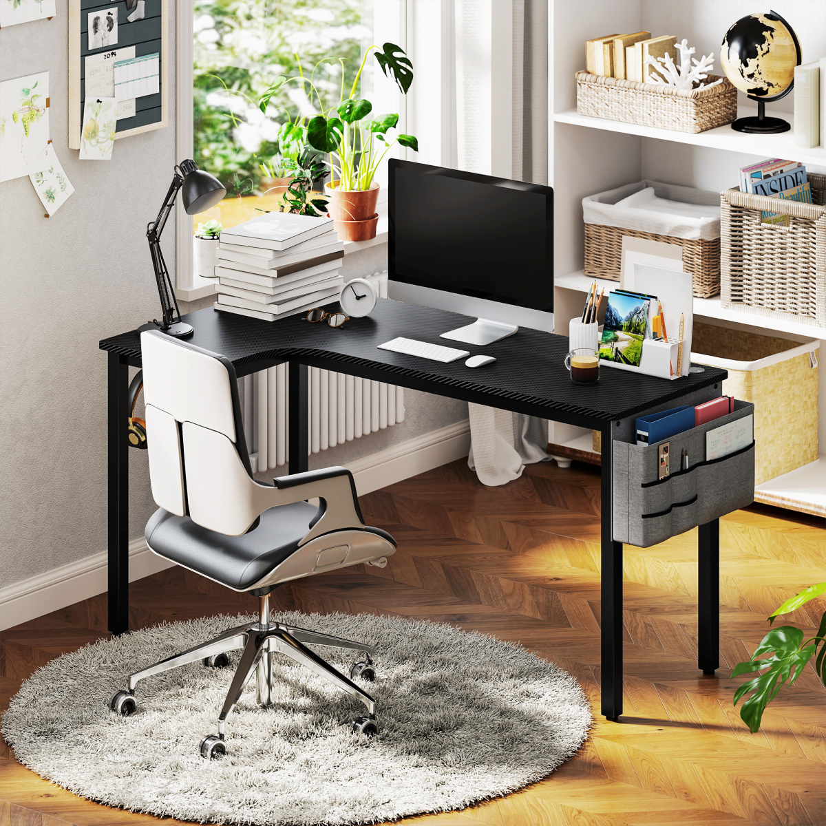HOMCOM L-Shaped Corner Computer Desk with Fabric Bag & Hooks, Black