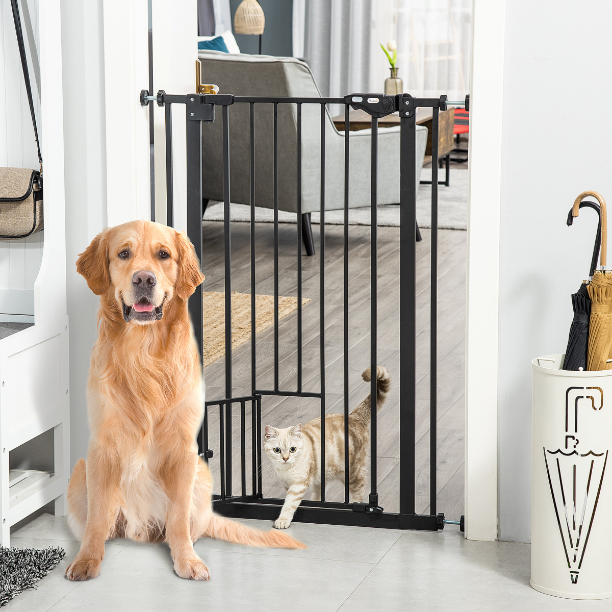 Extra Tall Automatic Closing Dog Gate with Cat Door, Steel Frame, 74-80 cm Wide, for Stairs, Doorways and Hallways, Pawhut