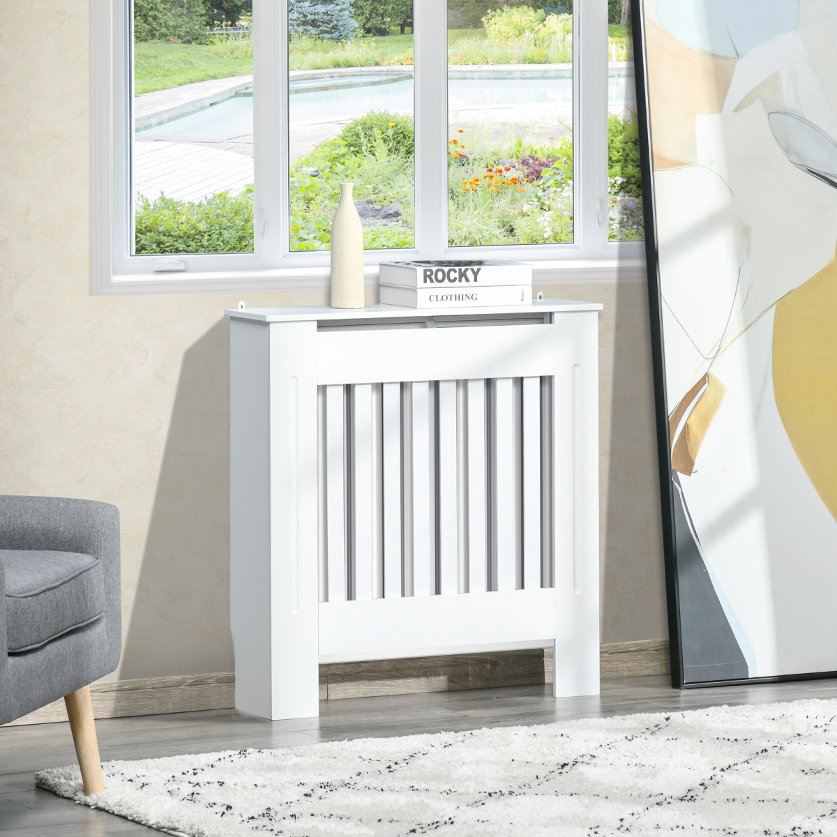 HOMCOM White Painted MDF Radiator Cover with Shelf and Slatted Vent for Home, Office and Hallway
