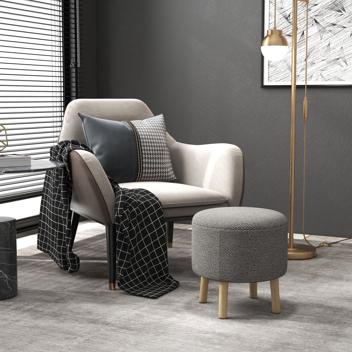 HOMCOM Round Storage Ottoman Stool with Cushioned Top & Hidden Storage