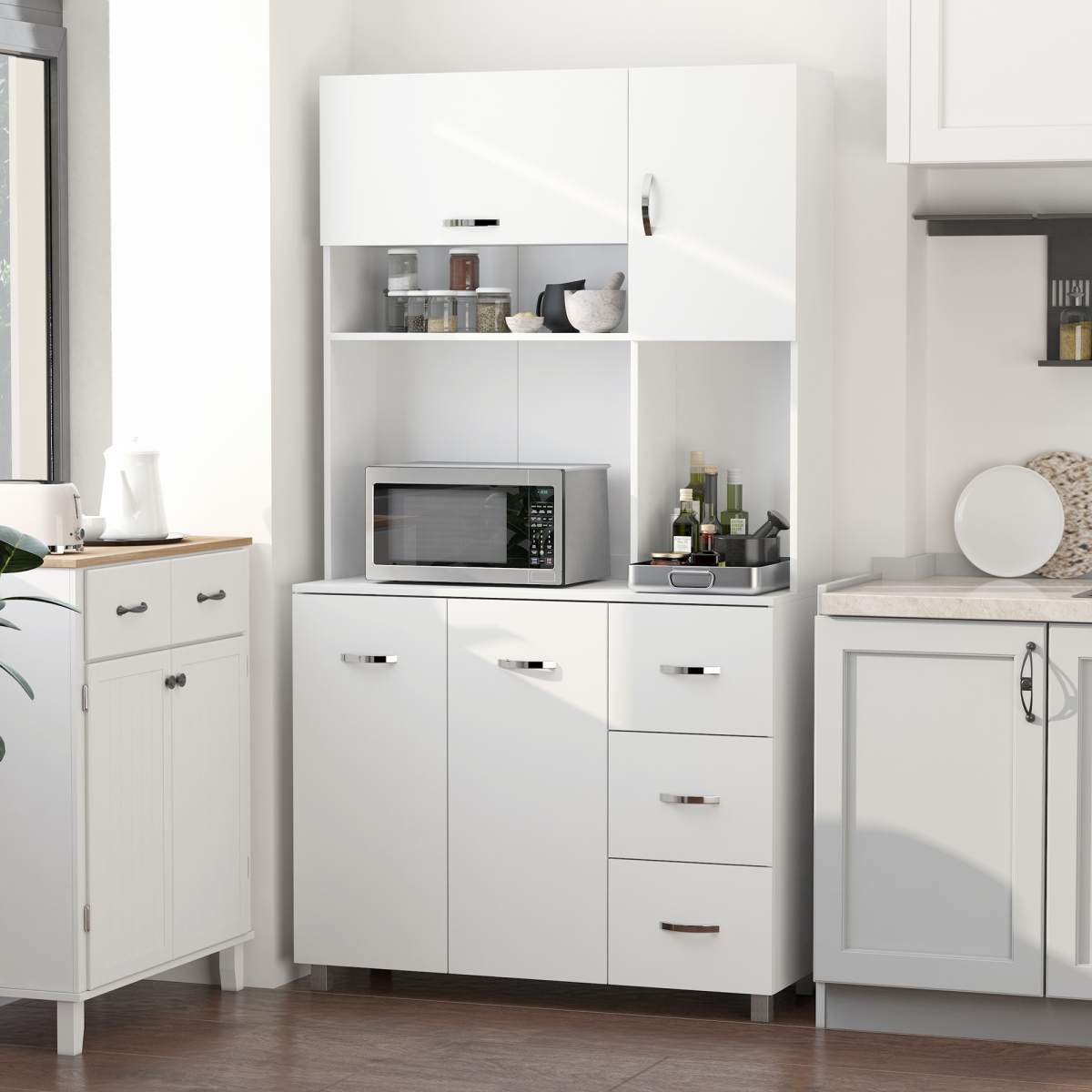 Freestanding White Kitchen Storage Cabinet with Drawers & Cupboards
