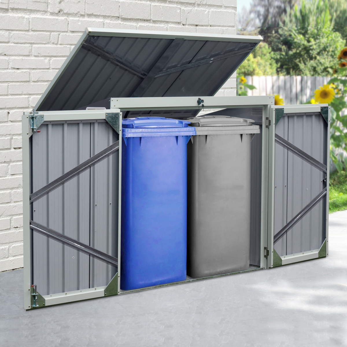 Steel Garden Storage Shed for 2 Wheelie Bins, Double Doors, Lift-Up Lid, Lockable Steel Bin Cover