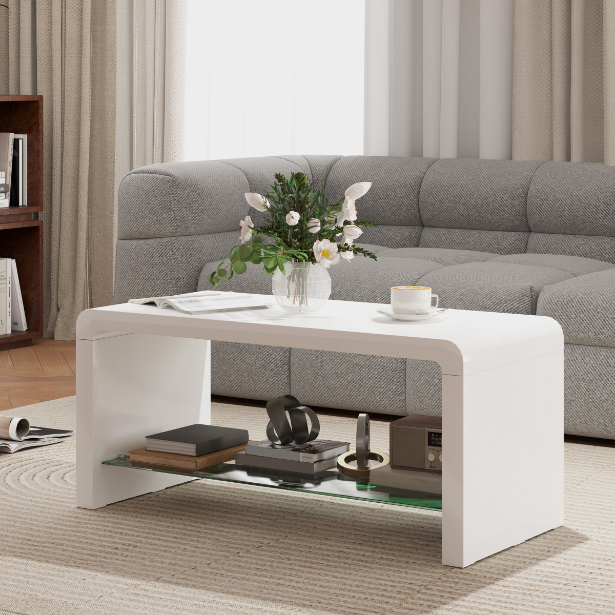 HOMCOM High Gloss White Curved Coffee Table with Glass Shelf