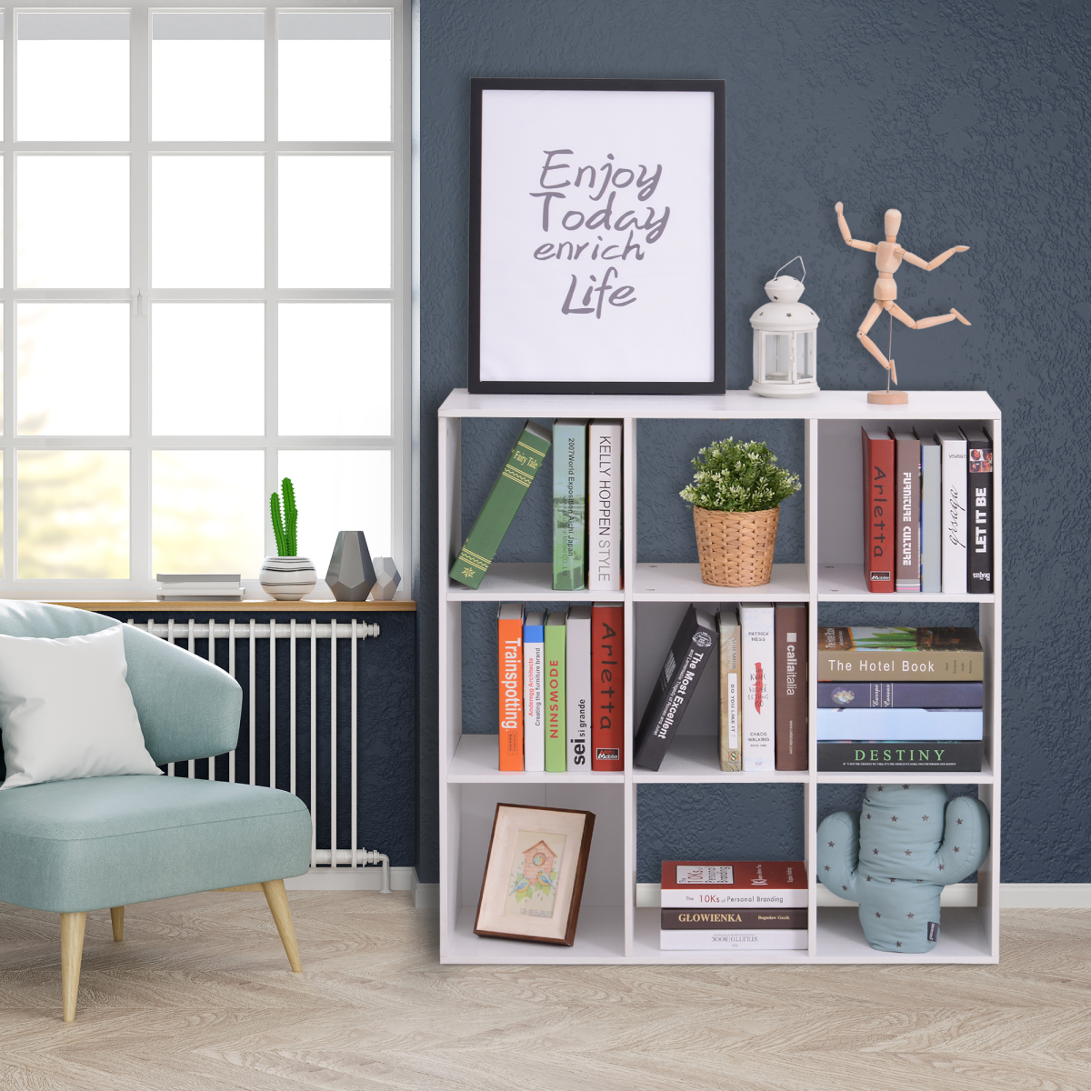 9-Cube Storage Cabinet Bookcase Display Shelves, Chipboard, White