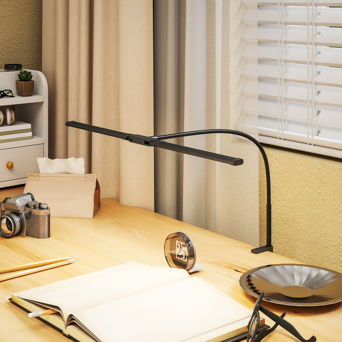 HOMCOM Double Head Dimmable Clamp Desk Lamp, 3 Colour Modes, Black