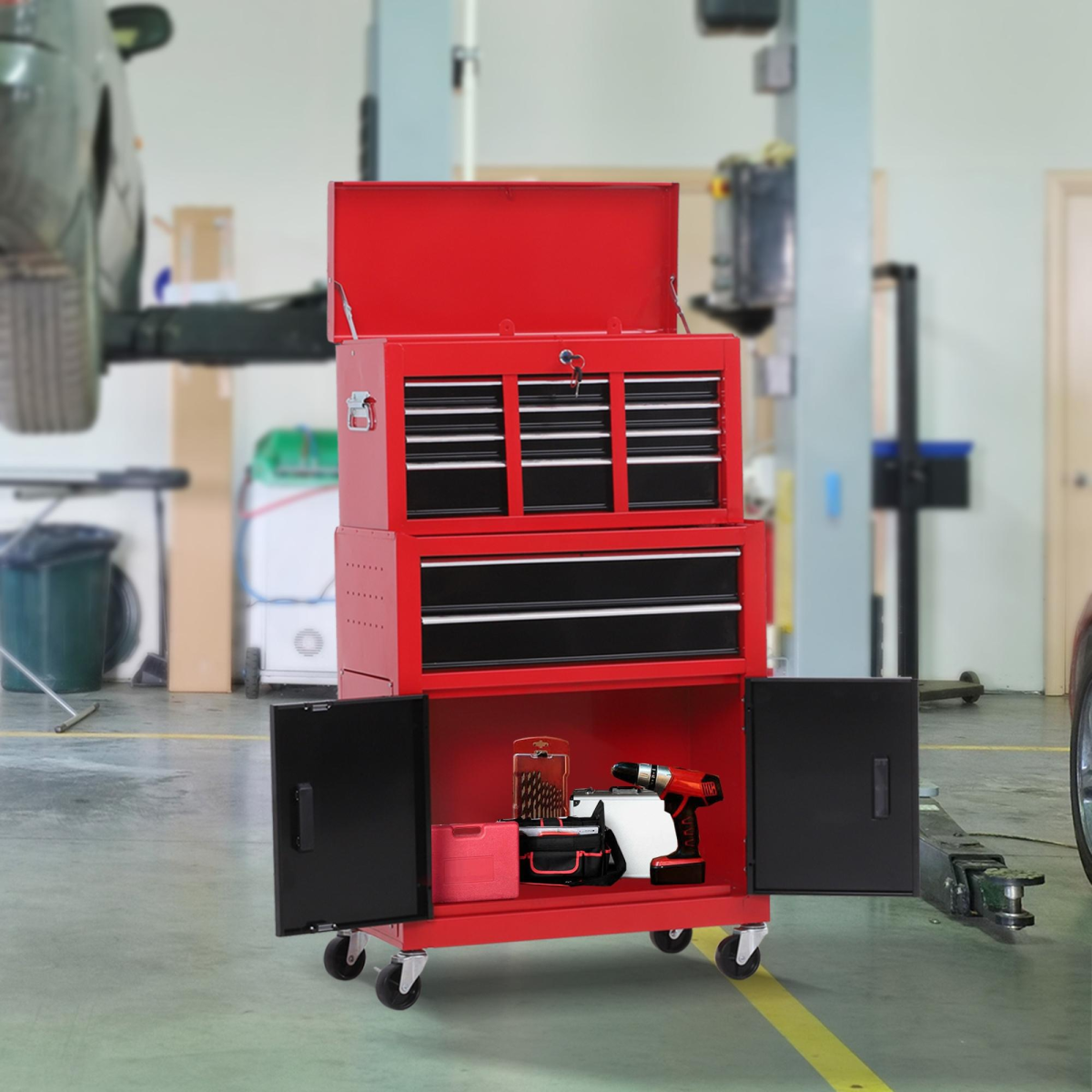 Portable Tool Chest and Roll Cab Combo with 6 Drawers, Lockable Top Chest, 360° Swivel Ball Bearing Runners, Metal Garage Storage Cabinet