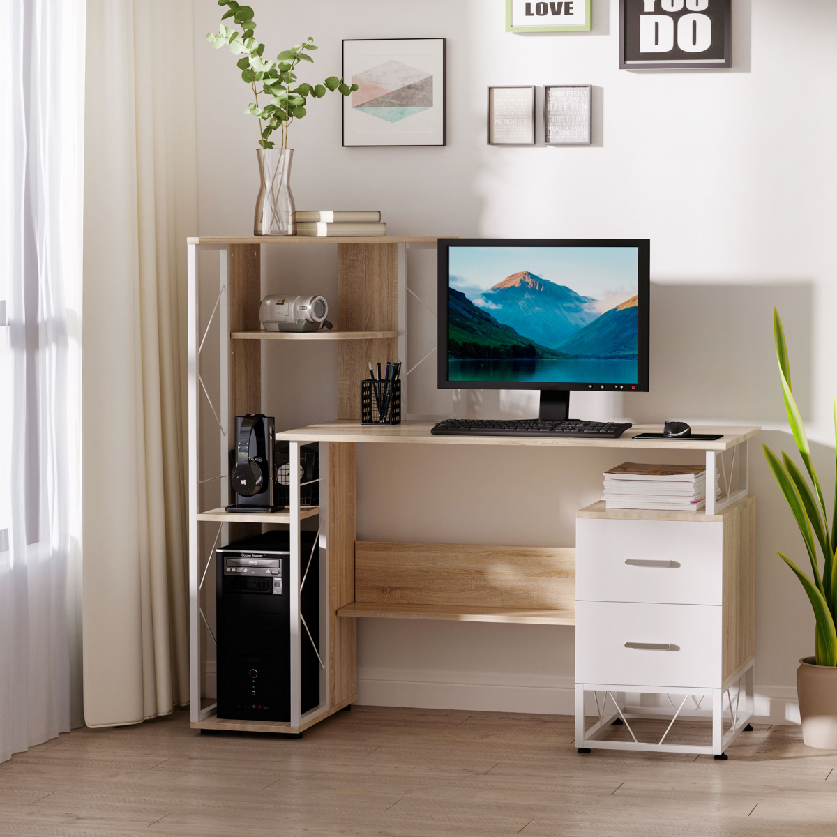 HOMCOM Workstation Computer Writing Desk with 2 Drawers and Multi-Shelves, Oak/White