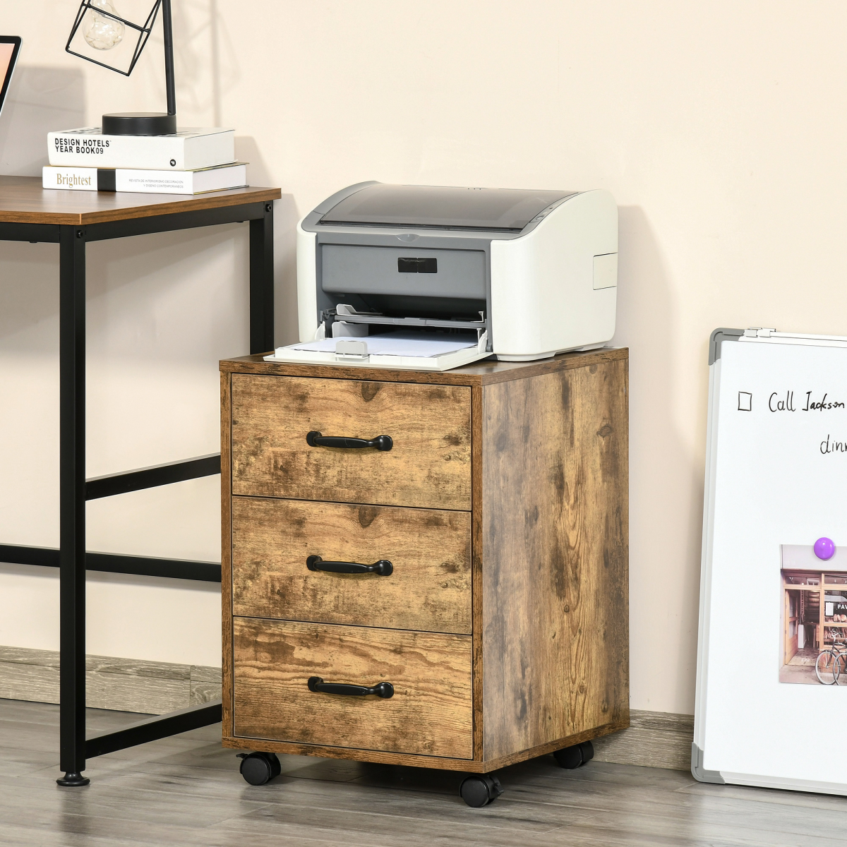 Rolling File Cabinet with 3 Drawers, Mobile Under Desk Filing Organizer, 4 Casters