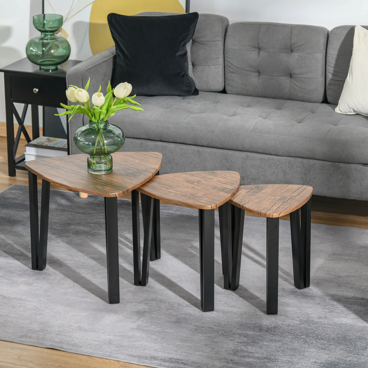 HOMCOM 3-Piece Stackable Triangle Coffee Table Set, Walnut MDF Tops, Steel Frame