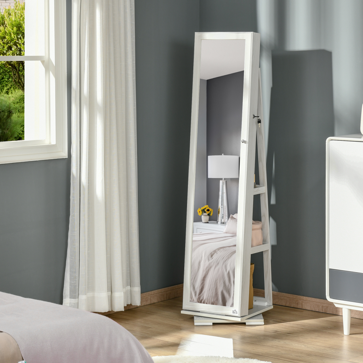 Full Length Mirror Jewelry Cabinet, 360° Rotating, Lockable