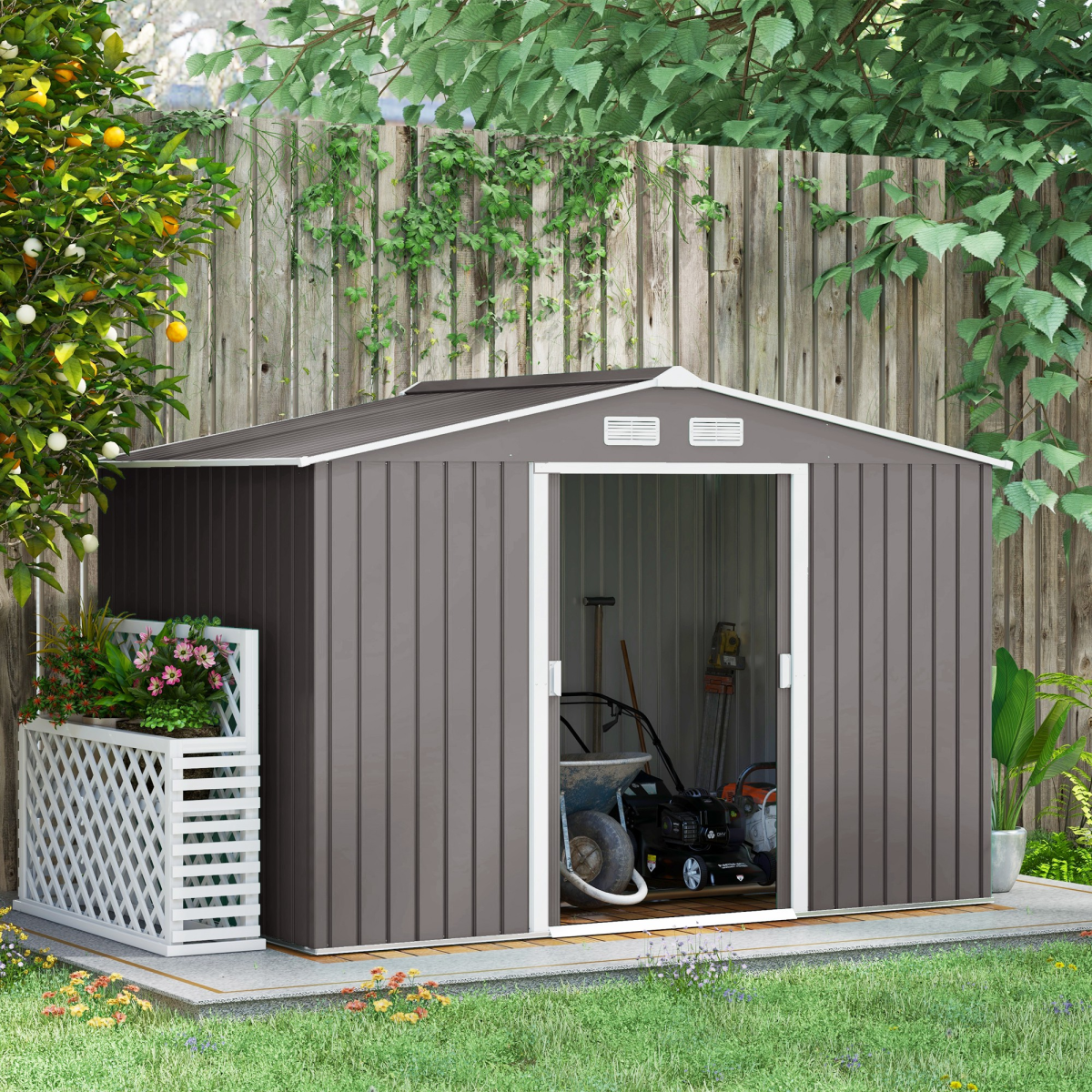 Outsunny Grey Steel Outdoor Garden Shed with Foundation & Ventilation