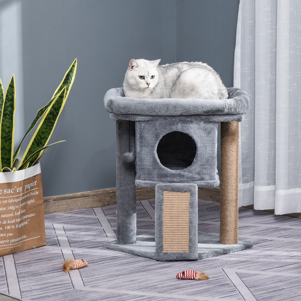 Grey Cat Tree Activity Centre with Scratching Pad, Toy Ball, Cat House and Top Perch