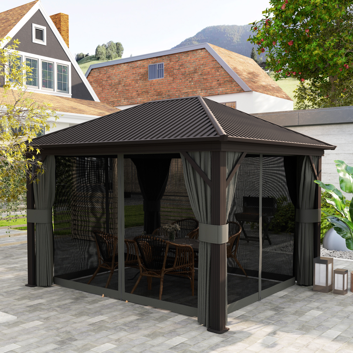 Outsunny 3.6 x 3m Hardtop Garden Gazebo with Screen Curtains, Dark Grey