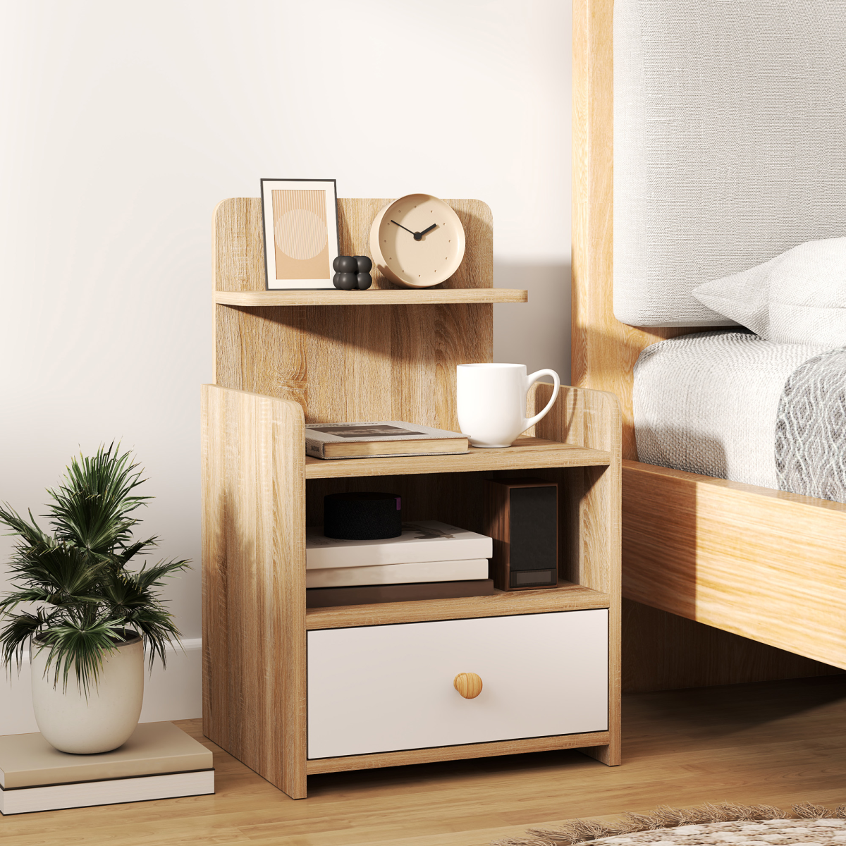 HOMCOM Bedside Table with Drawer and 3 Shelves, Natural Wood Effect
